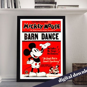 Mouse Barn Dance Vintage Cartoon Poster - Digitale afdrukbare A3 Download - Retro, Vintage, Americana, animatie