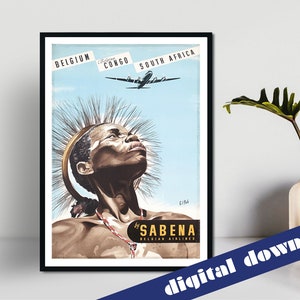 Belgium, Congo, South Africa Fly SABENA Vintage Travel Poster - Digital Printable A3 Download - Retro, Travel, Europe, Africa