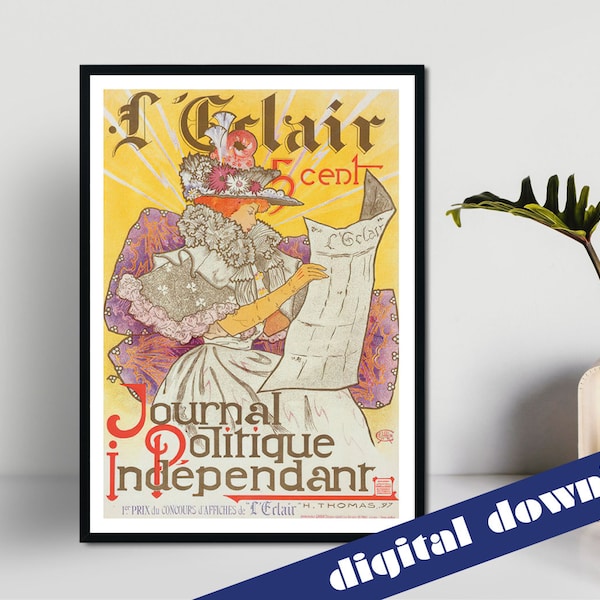 L'Eclair Journal Polique Independant French Magazine Cover Poster - Digital Printable A3 Download - Retro, Vintage, Art Nouveau