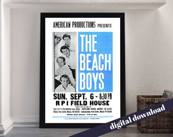 The Beach Boys RPI Field House Vintage Concert Poster   - Printable Download - Music, Pop, Boy Band, Surfer, California, America