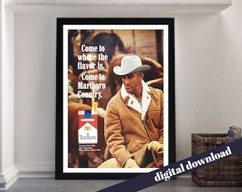Marlboro Man Retro Cigarette Advert Poster - A3 Downloadable Art Print - Cigarettes, Cigar, Malboro Country, Flavor