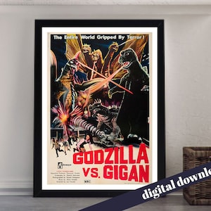 GODZILLA vs GIGAN Kaiju Monster Movie Poster - A3 Downloadable Art Print - Vintage, Retro, Monster, Cinema, Japan, Japanese, Cinema