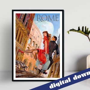 VISITA ROMA Vintage Travel Poster - Descarga digital imprimible A3 - Retro, Vintage, Viajes, Italia, Vespa, Coliseo, Roma