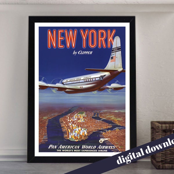NEW YORK par CLIPPER Pan Am American Airways Poster - Téléchargement imprimable - Art imprimable - Voyage vintage, Rétro, Amérique, Compagnie aérienne