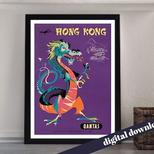 QANTAS Airways Vintage Hong Kong Travel Poster - Digital Printable A3 Download - Retro, Airline, Asian, Australia, Airline, Plane, Flight