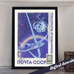 Vintage ruso soviético Sputnik espacio sello cartel - descarga digital imprimible A3 - retro, vintage, carrera espacial, URSS, sello postal