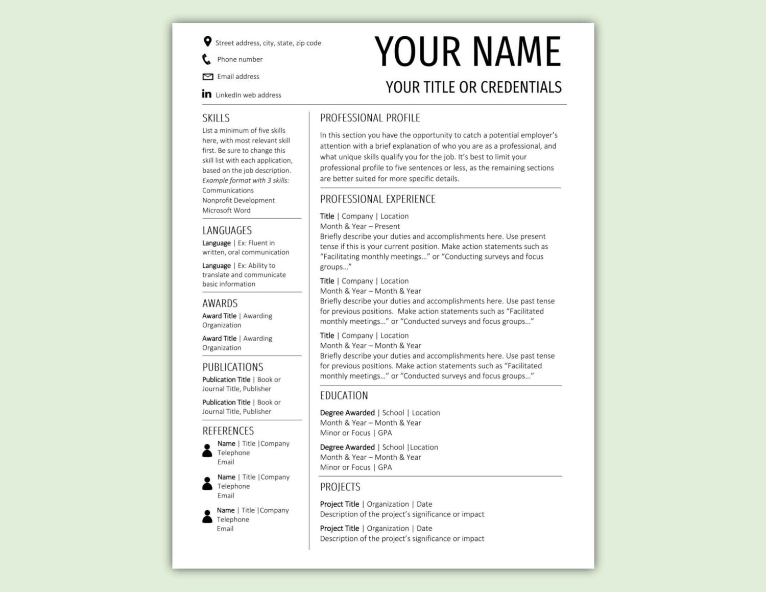 Resume Template Cv Template Instant Download Microsoft Word Etsy