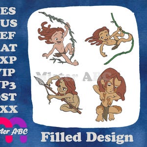 Disney Tarzan Young Tarzan Vine Swinging With Spear And Jungle Boy Poses - Filled Embroidery Design