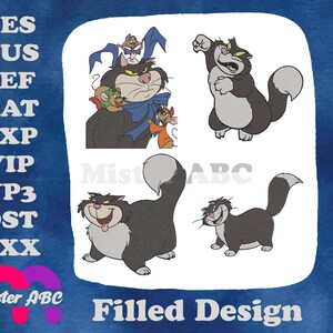 Cinderella Lucifer Cat Various Poses And With Tremaine Family Caricature - Filled Embroidery Design