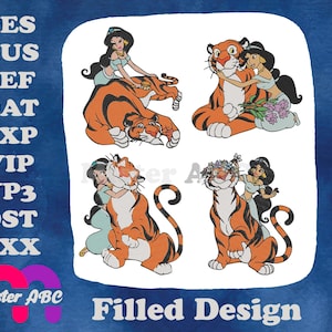 Princesa Jasmine de Aladdin com seu leal tigre Rajah - Coleção de poses afetuosas - Design de bordado preenchido