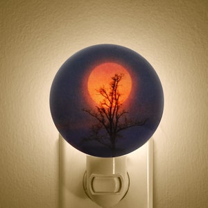 Puede incluir: Una luz nocturna con un globo redondo de vidrio azul que presenta una silueta de un árbol frente a un gran sol naranja. La luz nocturna está enchufada a una toma de corriente estándar.