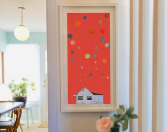 Tall Vertical House Art Print, Orange, Coral, Whimsical Home Decor