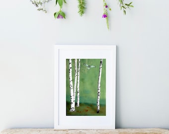 Moss wall art, Small birch tree Wall Art, Green Wall Art, 9X7 unframed art, Silver Birch Art, Birch Tree Art, Forest Scene Art