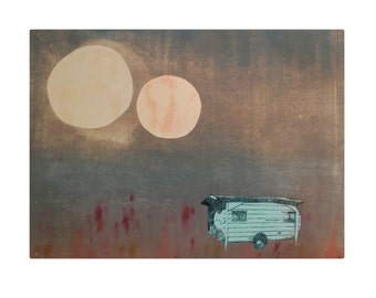 Moon Art Print, Camping Trailer, Moody Landscape