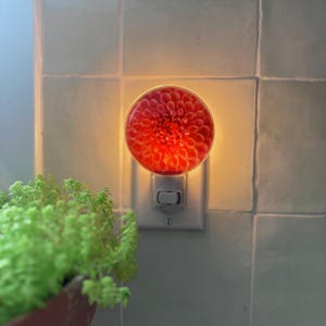 Puede incluir: Una luz nocturna de flor rosa y blanca enchufada a una toma de corriente. La luz nocturna está encendida e ilumina la flor.