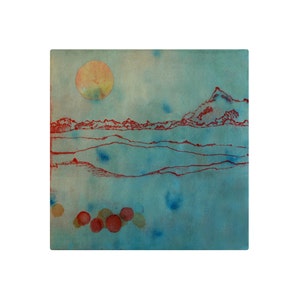 May include: A watercolor painting of a landscape with a large, orange sun in the sky. The landscape is made up of rolling hills and mountains, all drawn in red lines. The background is a light blue color.
