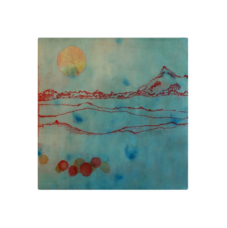 May include: A watercolor painting of a landscape with a large, orange sun in the sky. The landscape is made up of rolling hills and mountains, all drawn in red lines. The background is a light blue color.