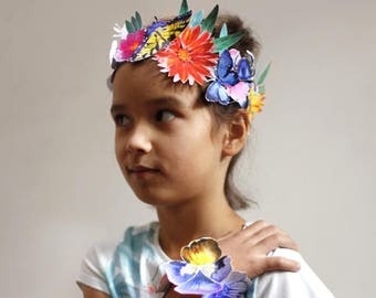 Blue floral flower crown + bracelet PRINTABLE kit. Floral head wreath. Flower crown girl. Johnny jump up. Floral tiara. Printable wreath.