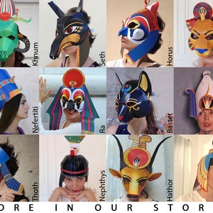 May include: A collage of 12 colorful paper masks and headdresses depicting Egyptian deities. The masks are worn by people and feature various animal and human features. The text "MORE IN OUR STORE!" is at the bottom of the image.