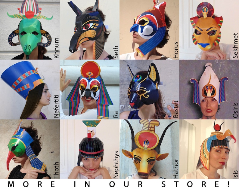 May include: A collage of 12 colorful paper masks and headdresses depicting Egyptian deities. The masks are worn by people and feature various animal and human features. The text "MORE IN OUR STORE!" is at the bottom of the image.