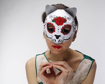Day of the dead mask PRINTABLE pattern. Skull mask cat. Day of the Dead Cat mask. Cat mask halloween. Cat masquerade mask.  Halloween mask.