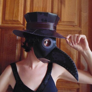 May include: A person wearing a black dress and a black and purple plague doctor mask with a tall black hat. The mask has a long, curved beak and a single eye hole.