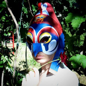May include: A person wearing a blue, red, and yellow paper mask with a white eye design. The mask has a long, pointed nose and a white, blue, and red design on the side. The person is holding a red flower.