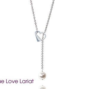Sterling Silver True Love & Freshwater Pearl Lariat Necklace / Choose From A Fine Filed Curb or Belcher Chain / British Brand Sheenashona