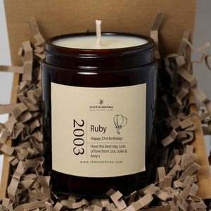 21st Happy Birthday By Birth Year Soya Wax Candle/Choose Your Candle Jar and Fragrance & Add Your Personalised Message/ Brand Sheenashona