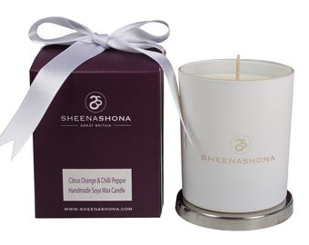 Kaars citrussinaasappel en chilipeper, sojawas luxe kaars in geschenkverpakking, honing, apotheker, blik