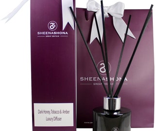 Dark Honey, Tobacco & Amber Luxury Reed Diffuser/ Gift Boxed Oil Reed Diffuser/ Amber Jar Diffuser Gift/ New Home Gift/ Brand Sheenashona
