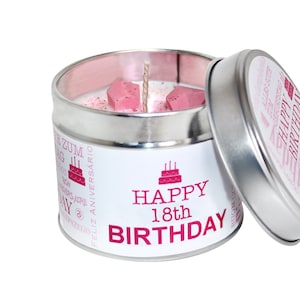 Happy 18th birthday Soya Wax Scented Candle Tin/ Choose Your Fragrance & Label Design/ Candles Handmade In The UK/ Brand Sheenashona