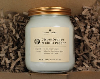 Large Citrus Orange & Chilli Pepper Soya Wax Large Honey Jar Candle/ Hand Poured Soya Candles/Fruity Eco Friendly Candle/ Brand Sheenashona