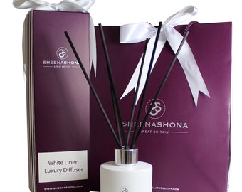 Weißer Leinen Luxus Reed Diffusor / Geschenkbox Öl Reed Diffusor / Duftraum Aroma Öl Reed Diffusor Geschenk / Neues Zuhause Geschenk / Marke Sheenashona