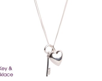 925 Sterling Silver Key & Heart Pendant Necklace On A Long Chain For Her