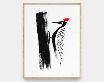 Modern Woodpecker Painting - Ink Painting, Wildlife Art, Pileated Woodpecker, Bird Art, Modern Art