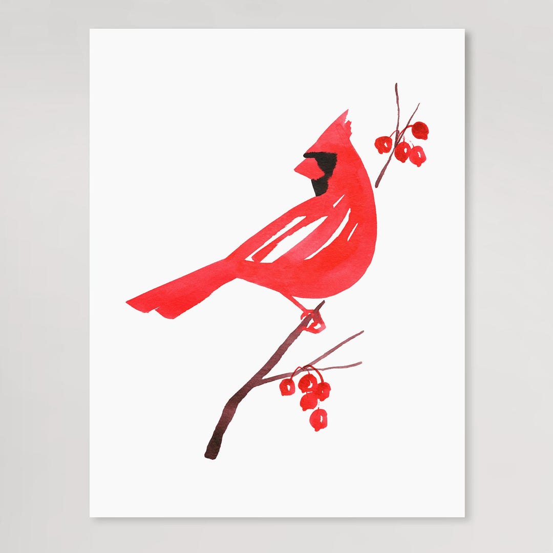 Red Cardinal Ink Painting: Modern Midwest Animal Watercolor Song Bird ...