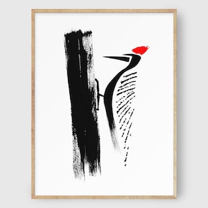 Peinture abstraite à l&#39;encre de pics : aquarelle minimaliste d&#39;oiseaux, cabane moderne, faune sauvage Impression artistique