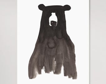 Minimal Black Bear Art: Watercolor Ink Painting Modern Animal Mountain Cabin Art Print