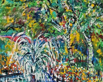 Abstracte tuinfontein – Origineel schilderij met gemengde techniek op aquarelpapier