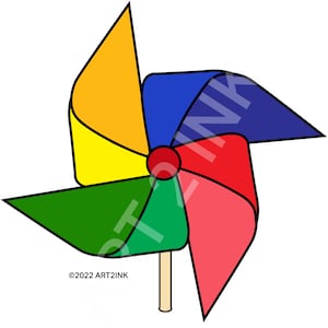 May include: A colourful paper pinwheel with yellow, red, blue, green and orange blades. The pinwheel is attached to a wooden stick.