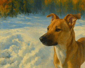 May include: An oil painting of a dog in a snowy landscape. The dog is brown with a white chest, and it is looking to the left. The background features a forest with autumn colors and a blue sky with clouds.