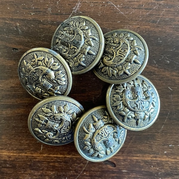 Coat of Arms Round Buttons, Brass Gold, 7/8", c.1970s, Nautical, Sailors, Pirates, Peacoat, Navy Uniform, Anchor, Set of 6