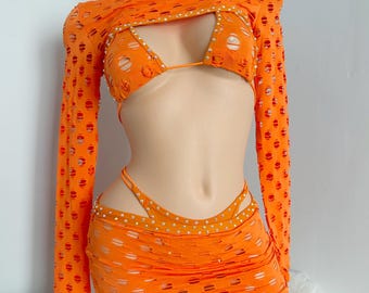 Orange Netty 4 Piece Set– Rhinestone Bling Exotic Dance Outfit