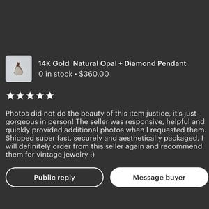 May include: A product review for a 14K gold pendant with a natural opal and diamond. The text reads "14K Gold Natural Opal + Diamond Pendant". The review gives the product five stars.