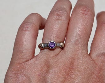 Amethyst Solitaire Ring Sterling Silver Gold Band Bezel Set Purple Gemstone February Birthstone Minimalist Engagement Alternative Wedding