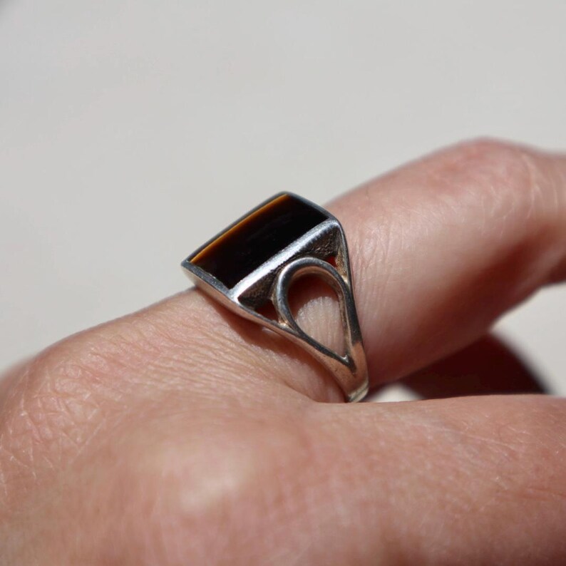 Handmade Artisan Ring Vintage Tigers Eye Gemstone Sterling Silver Band Seventies Retro Statement Jewelry Ornate Signet Style Ring Natural Stone Band Birthday Gift Men Boyfriend Anniversary Present Authentic Vintage Silver Ring Classic Retro