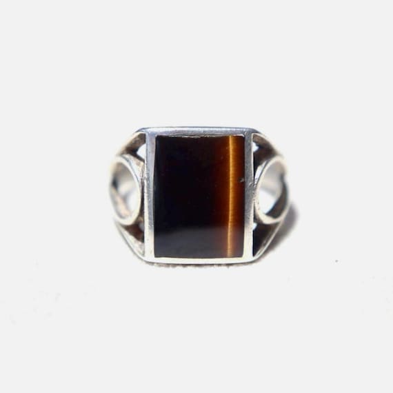 Tigers Eye Ring Vintage Sterling Silver Signet Band Seventies Retro Gemstone Jewelry Handmade Artisan Statement Piece Birthday Gift Girl