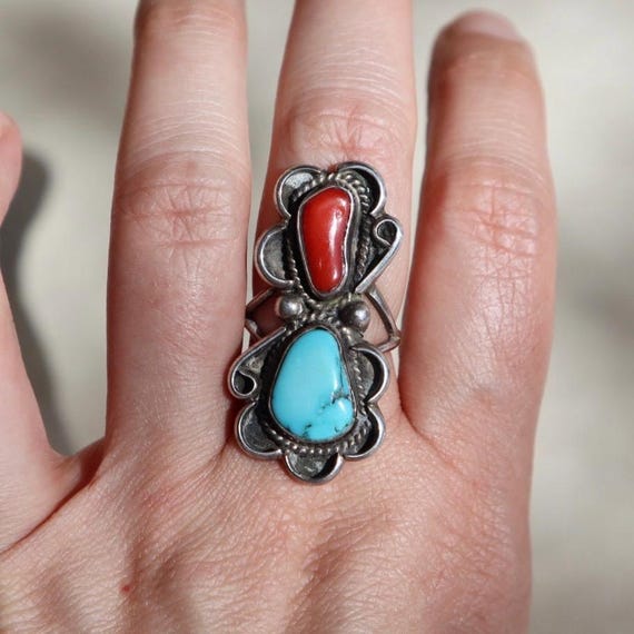 Turquoise Statement Ring Sterling Silver Southwes… - image 1