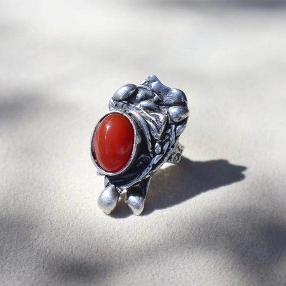 Brutalist Sterling Carnelian Statement Ring - image 1